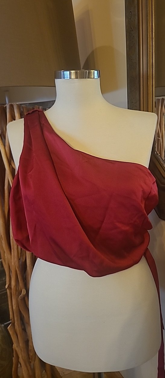 Kadın Bordo Saten Drapeli Bohem crop bluz - Görsel 2