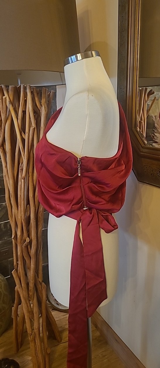 Kadın Bordo Saten Drapeli Bohem crop bluz - Görsel 3