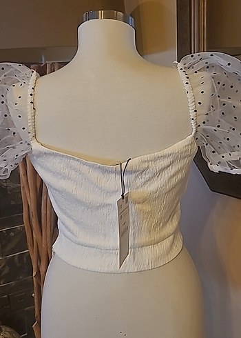 İnci Detaylı Beyaz Straplez Mini Bluz - Görsel 4