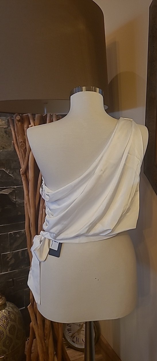 Beyaz Askısız Saten Drapeli Kadın Bluz - Görsel 4