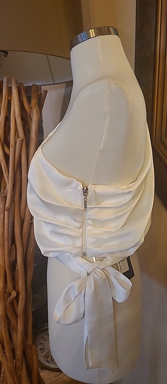 Beyaz Askısız Saten Drapeli Kadın Bluz - Görsel 3