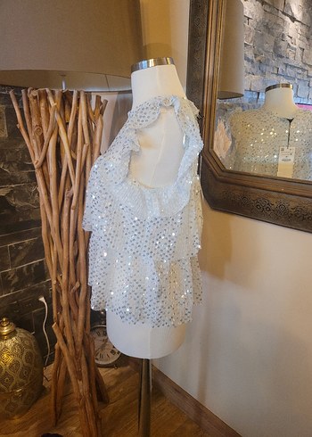 Payetli Beyaz Kısa Kollu Kadın Bluz - Görsel 2