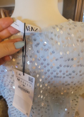 Payetli Beyaz Kısa Kollu Kadın Bluz - Görsel 4