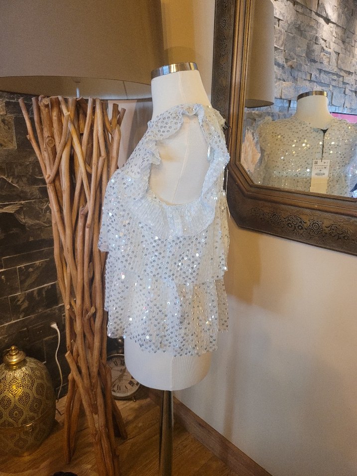 Payetli Beyaz Kısa Kollu Kadın Bluz - Görsel 2
