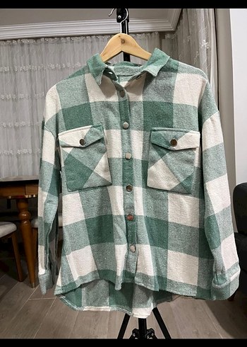 Düğmeli Yeşil Ekose Kadın Gömlek - Görsel 2