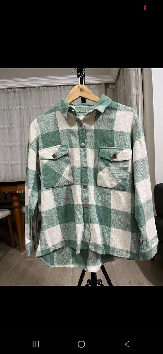 Düğmeli Yeşil Ekose Kadın Gömlek - Görsel 2