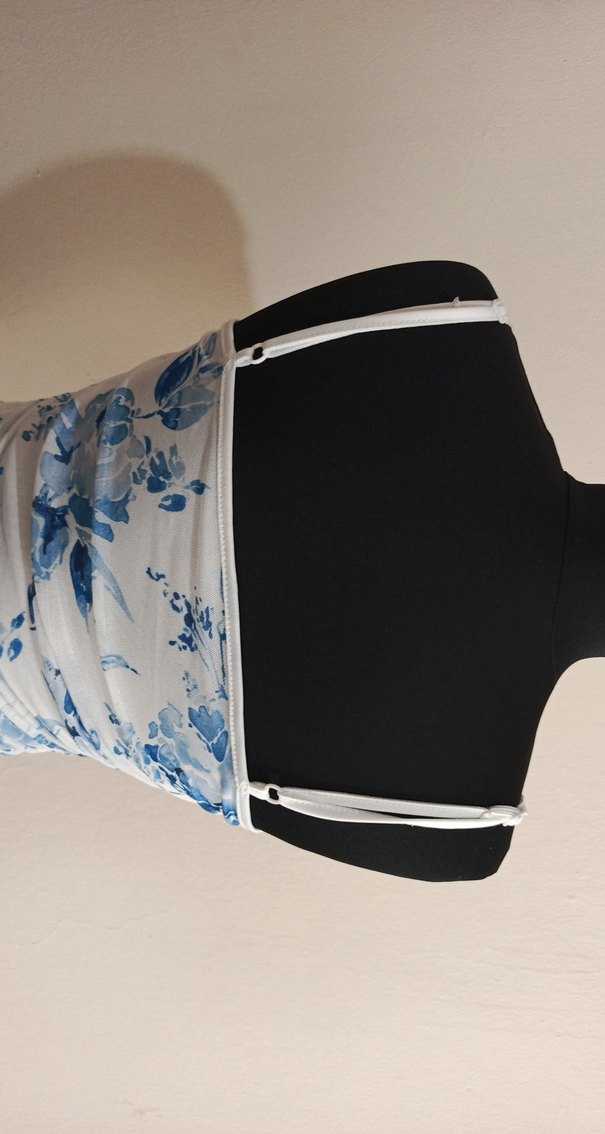 Mavi Desenli Askılı Mini Drapeli Elbise - Görsel 5