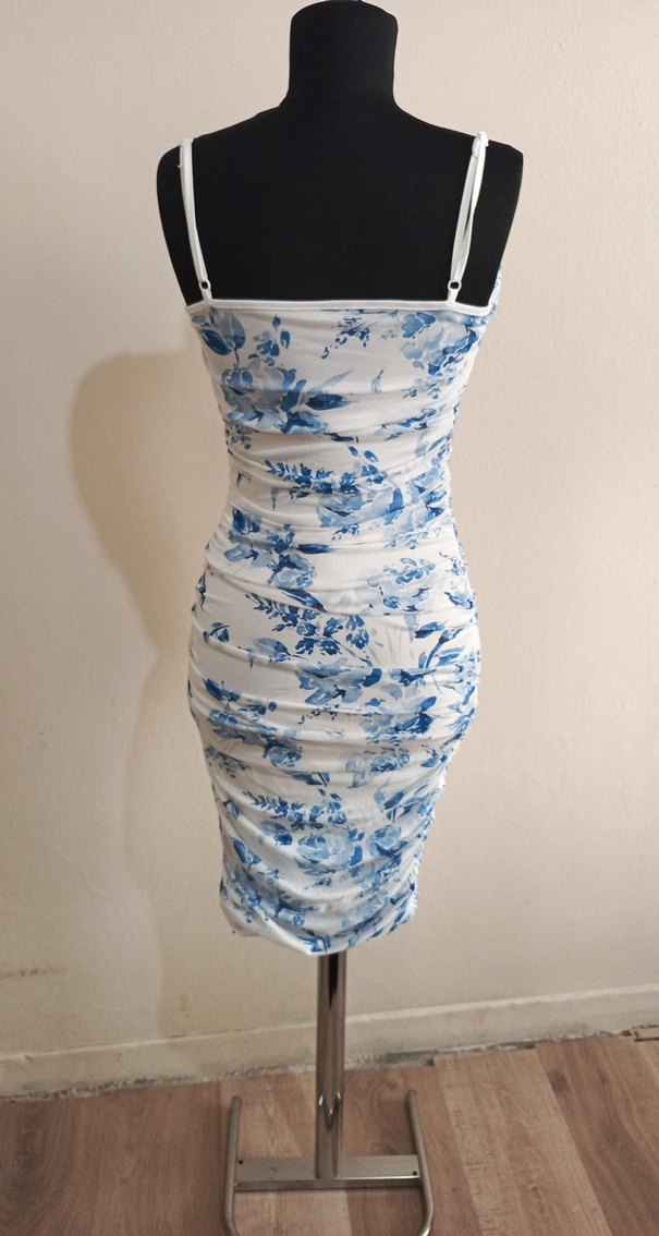 Mavi Desenli Askılı Mini Drapeli Elbise - Görsel 4