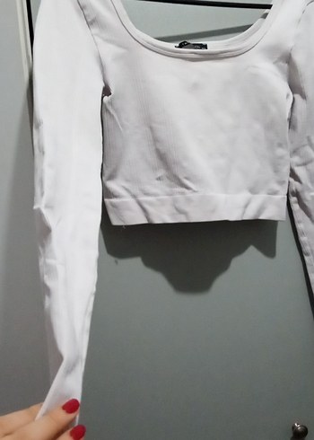Beyaz Uzun Kollu Crop Top - Görsel 3