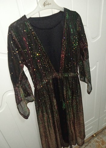 Parlak Detaylı Uzun Kollu V Yaka Gece Elbisesi - Görsel 2