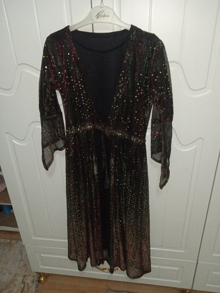 Parlak Detaylı Uzun Kollu V Yaka Gece Elbisesi - Görsel 3