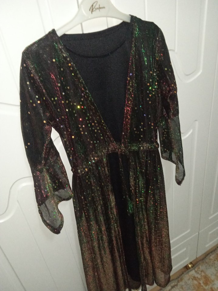 Parlak Detaylı Uzun Kollu V Yaka Gece Elbisesi - Görsel 2