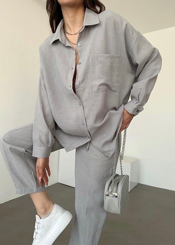 Gri Keten Kumaşlı Bol Kesim Kadın Takım - Görsel 3