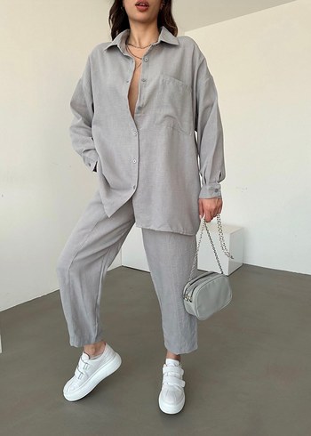 Gri Keten Kumaşlı Bol Kesim Kadın Takım - Görsel 2