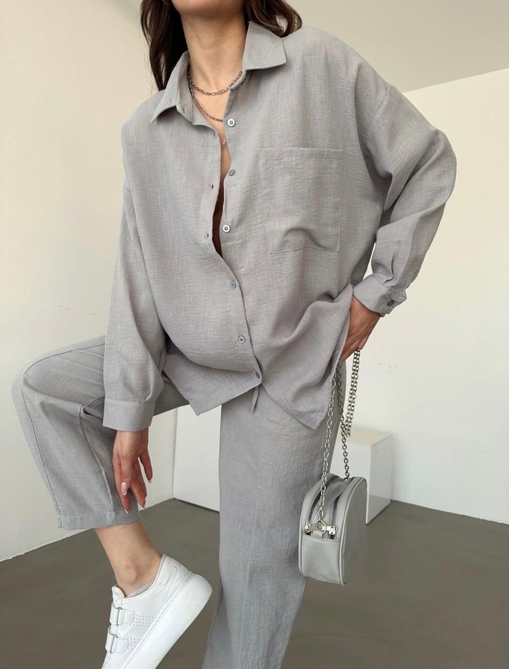 Gri Keten Kumaşlı Bol Kesim Kadın Takım - Görsel 3