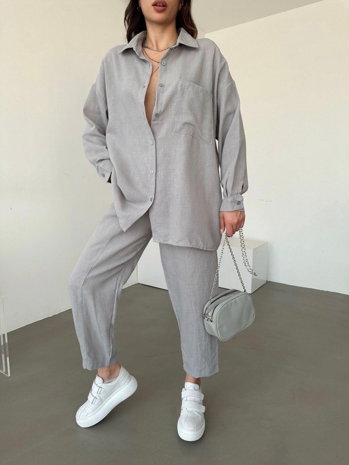 Gri Keten Kumaşlı Bol Kesim Kadın Takım - Görsel 2