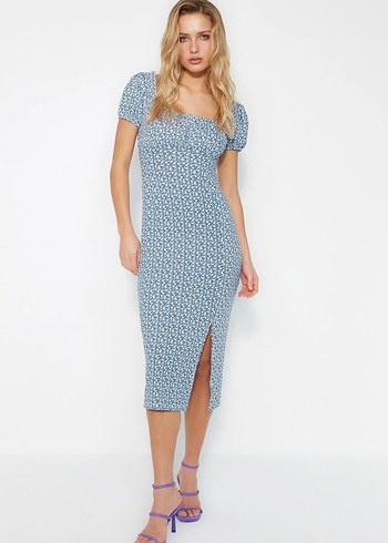 Mavi Vintage Midi Elbise - Görsel 3