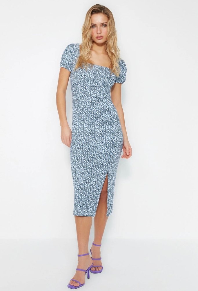 Mavi Vintage Midi Elbise - Görsel 3