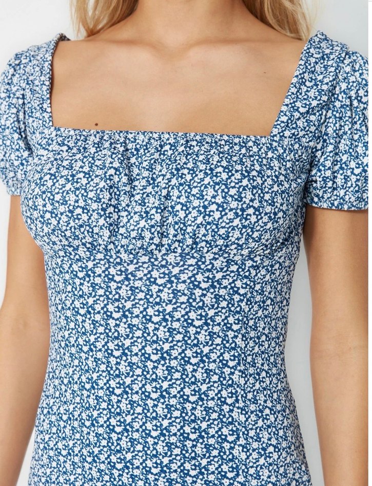 Mavi Vintage Midi Elbise - Görsel 5