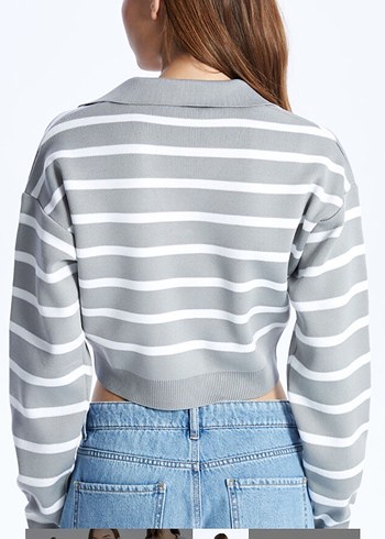 Gri Çizgili Kadın Triko Kazak - Görsel 4