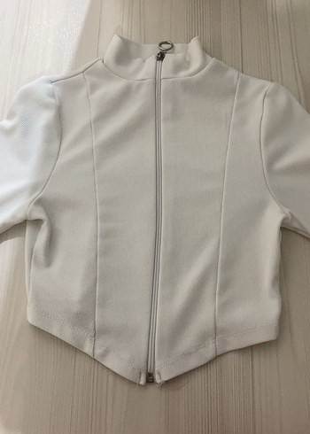 Beyaz Yüksek Yakalı Fermuarlı Kadın Ceket - Görsel 4