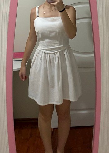 Kadın Beyaz Keten Askılı Elbise - Görsel 6