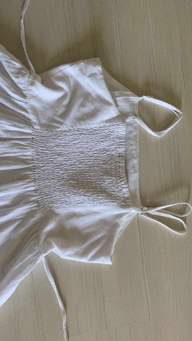 Kadın Beyaz Keten Askılı Elbise - Görsel 5