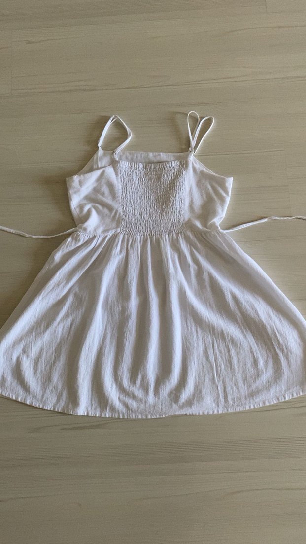 Kadın Beyaz Keten Askılı Elbise - Görsel 4