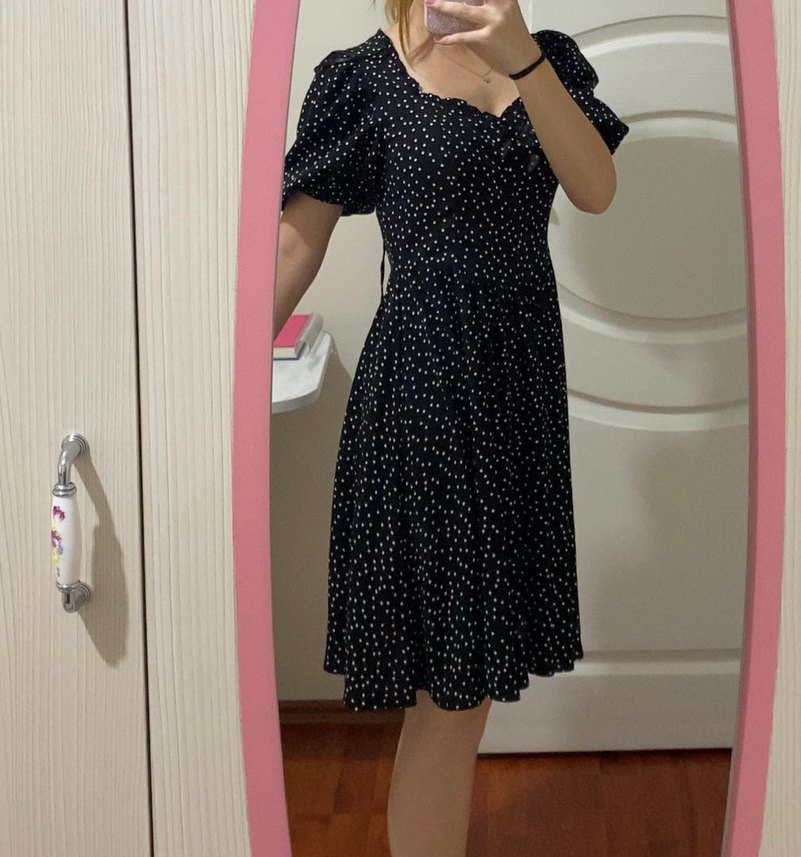 Siyah Puantiyeli V Yakalı Midi Elbise - Görsel 5