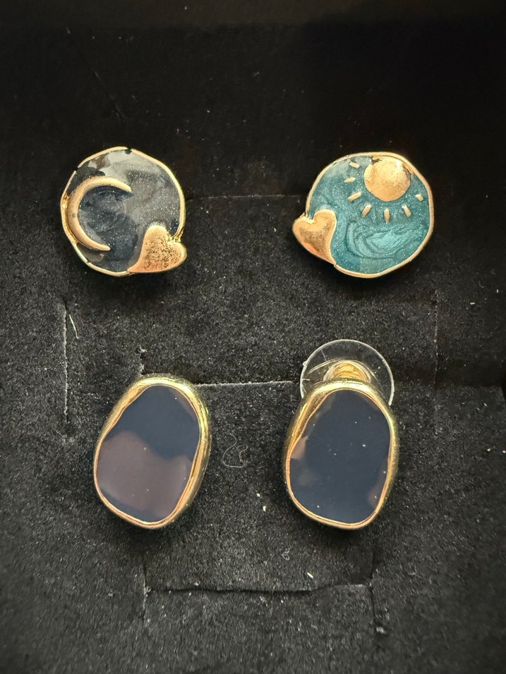 Bohem Soyut Mini Mavi Ay ve Güneş Küpeler - Görsel 2