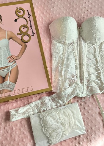 Obje Dantelli Beyaz Straplez Ekru Büstiyer Takım - Görsel 2