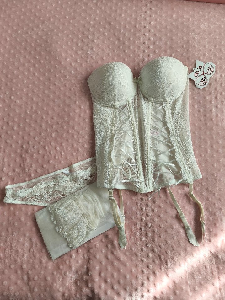 Obje Dantelli Beyaz Straplez Ekru Büstiyer Takım - Görsel 3