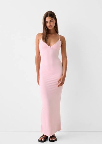 Bershka Pembe İnce Askılı Uzun Elbise