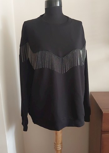 Kadın Siyah french detaylı Salaş Sweatshirt