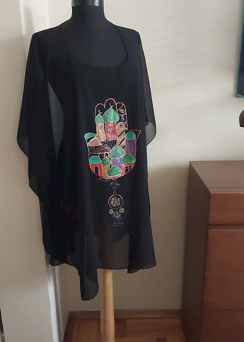 Bohem Siyah şifon Tunik uzunluk 90 cm