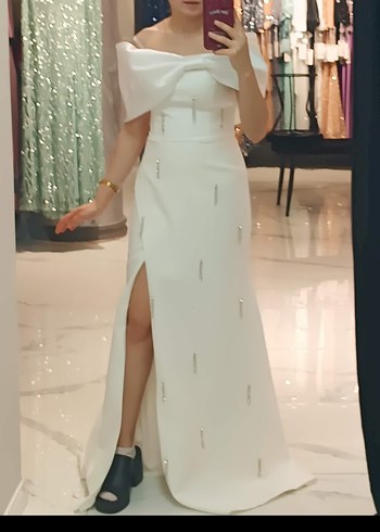 Beyaz Drapeli Söz nikah uzun Abiye Elbise