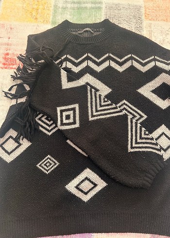 LCW Bohem Siyah Desenli Triko Kadın Kazak - Görsel 5