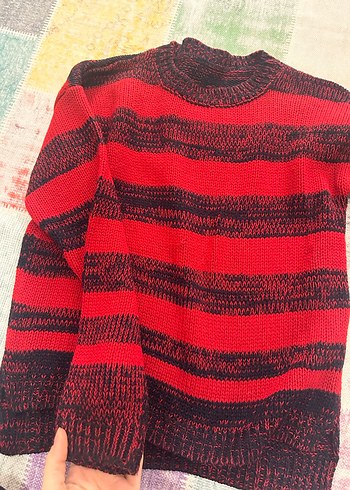 Kırmızı lacivert çizgili  Kadın Kazak - Görsel 2