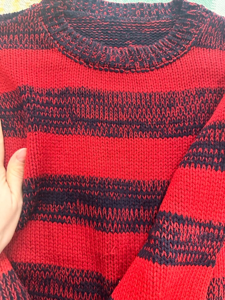 Kırmızı lacivert çizgili  Kadın Kazak - Görsel 4