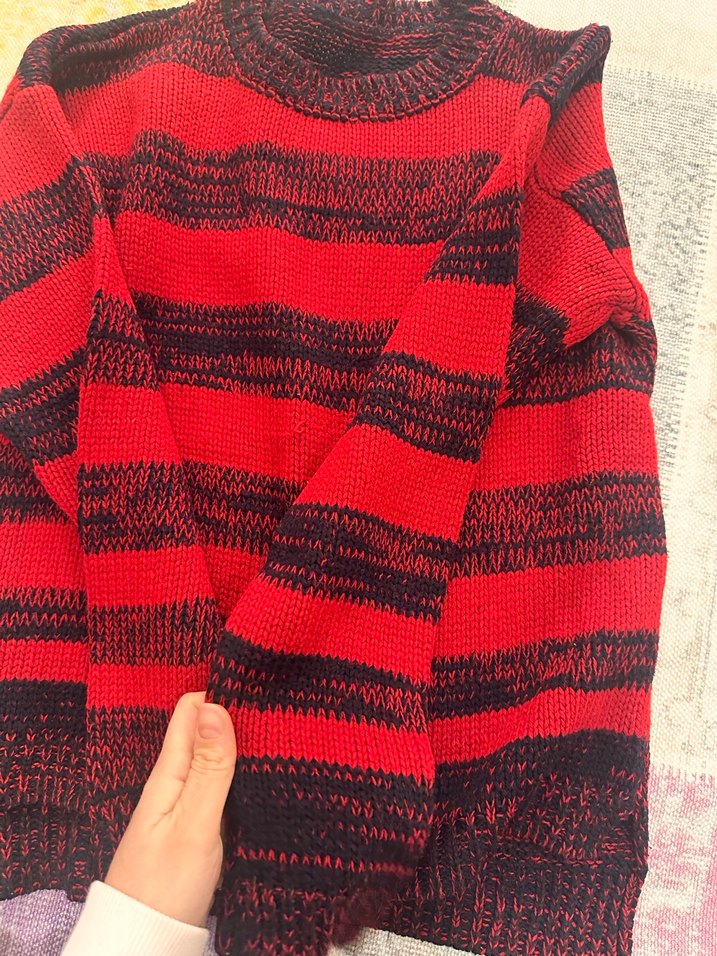 Kırmızı lacivert çizgili  Kadın Kazak - Görsel 3