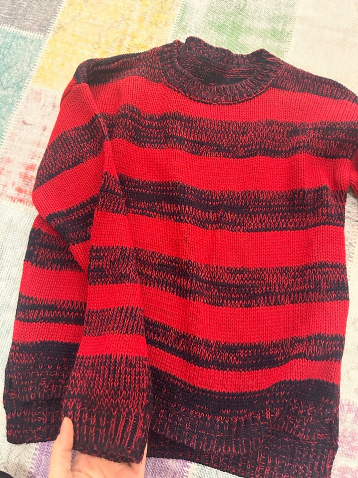 Kırmızı lacivert çizgili  Kadın Kazak - Görsel 2