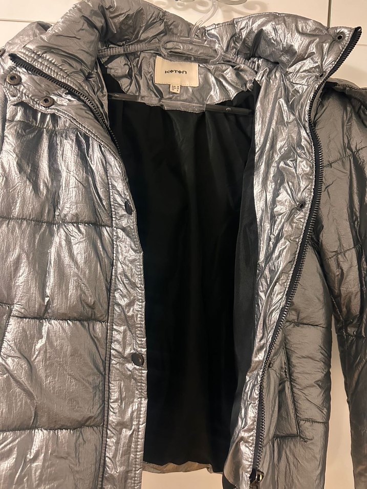 Gri Metalik Kapüşonlu Kadın Mont - Görsel 2