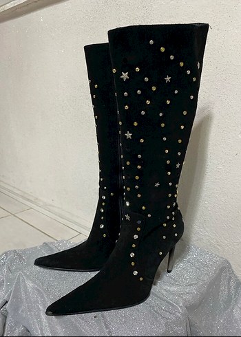 Diğer Siyah Süet İşlemeli Dizüstü Stiletto Çizme