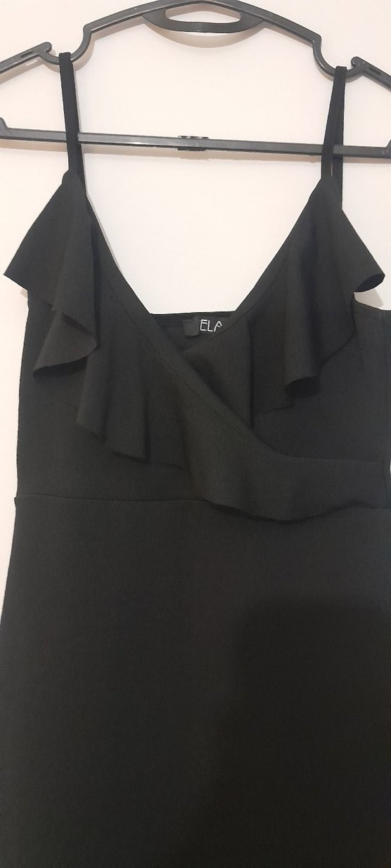 Siyah mini V Yaka Fırfırlı Kadın Elbise - Görsel 3