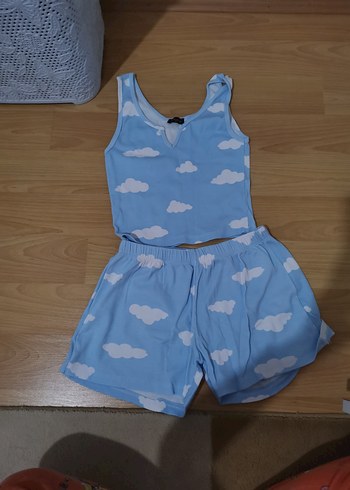 s Beden Mavi Bulut Desenli Kısa Kadın Pijama Takımı