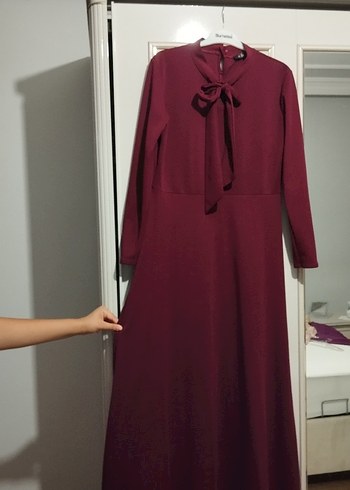 Bordo Uzun Kollu Fiyonklu Kadın Elbise