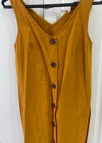 Sarı Keten Uzun Kollu Bohem Elbise - Görsel 2