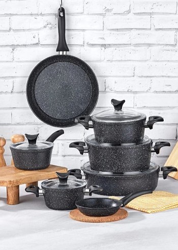 Siyah Granit Görünümlü Tencere ve Tava Seti - Görsel 4