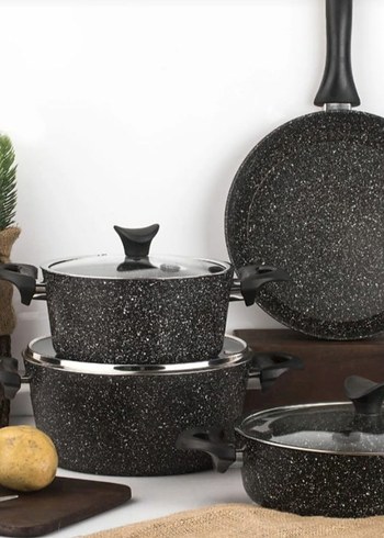 Siyah Granit Görünümlü Tencere ve Tava Seti - Görsel 2