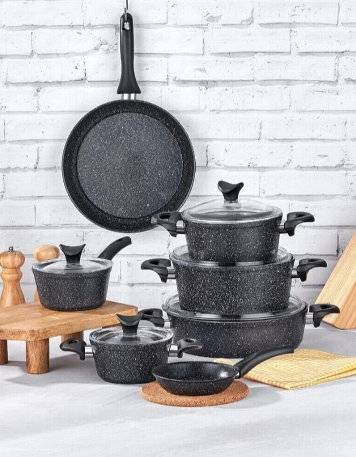 Siyah Granit Görünümlü Tencere ve Tava Seti - Görsel 4